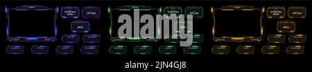 Neon-Stream-Overlay, mmo-Spielmenü, Space ui-Frame. Streamingbildschirm, Nutzernamen-Panels und Schaltflächen für Gamer. Vorlage für eSport, Online-Live-Video, digitale Benutzeroberfläche Glow Ränder, Vektor-Set Stock Vektor