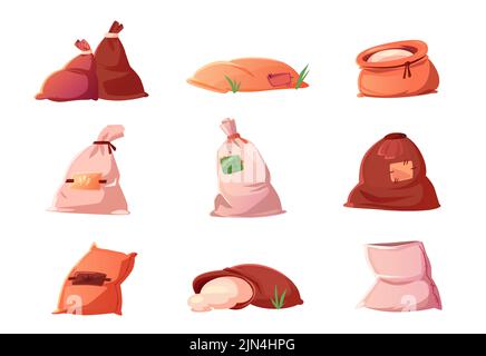 Beutel und Säcke mit Getreide, Mehl, Reis, Getreide oder Salz isoliert. Landwirtschaftliche Produktion in braunen Textilballen, geschlossene und offene Sackleinen auf weißem Hintergrund, Cartoon-Vektor-Illustration, Icons Stock Vektor