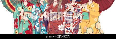 Gruppe von Anime-Manga-Mädchen in traditionellem japanischen Kimono-Kostüm mit Papierschirm. Vektorgrafik auf isoliertem Hintergrund Stock Vektor
