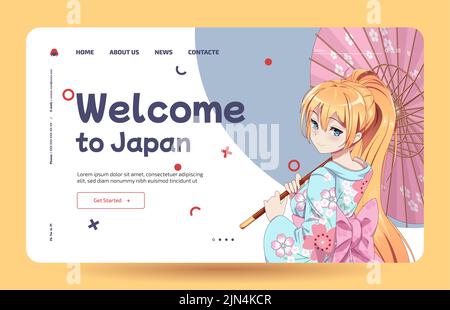 Anime Manga Mädchen in traditionellen japanischen Kimono Kostüm mit Regenschirm. Japanisch lernen - Vorlage für Landing Page Stock Vektor