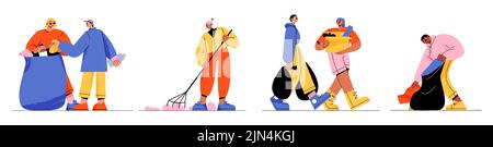Die Leute sammeln Müll, freiwillige Charaktere säubern Müll und Müll zum Recycling. Ökologie, Naturschutz, Freiwilligenarbeit und soziale Wohltätigkeitskonzept, Linie Kunst Vektor Illustration isoliert gesetzt Stock Vektor