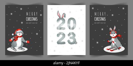 Set von Weihnachtskarten. Kaninchen feiern Feiertage. Grußkarten mit niedlichen Hasen. Frohes neues Jahr 2023 Poster. Vektorvorlagen für Cover oder Stock Vektor