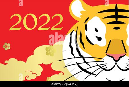 Feier zum Jahr des Tigers. Frohes chinesisches Neujahr 2022 oder Mondneujahr. Nahaufnahme auf dem Kopf eines Tigers auf einem roten Hintergrund mit goldenen Wolken. Stock Vektor