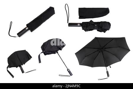 Set aus schwarzem Regenschirm isoliert auf weiß: Eingestürzter Regenschirm, gefaltet, entfaltet, offen und geschlossen. Stockfoto