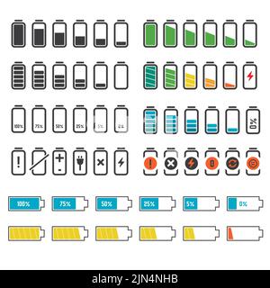 Die Akkus zeigen den Prozentsatz, den Ladezustand und den niedrigen Ladestand an Stock Vektor