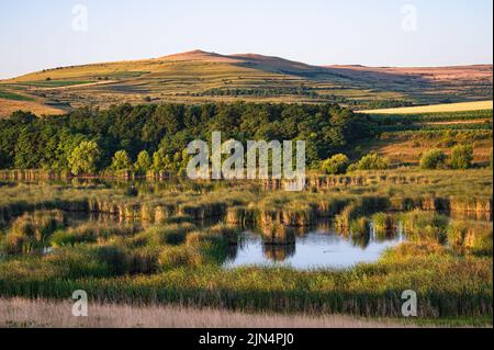 Idyllischer Blick auf einen kleinen See in der Nähe der Ausläufer des Apuseni-Gebirges zwischen Turda und Cluj-Napoca, Rumänien. Stockfoto