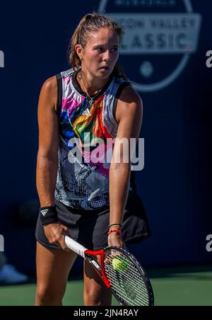 07. August 2022 San Jose, CA USA Daria Kasotkina ist bereit, Shelby Rogers während des Mubadala Silicon Valley Classic Finals zwischen Daria Kasotkina (RUS) gegen Shelby Rogers (USA) zu dienen. Daria gewann das Finale an der San Jose State University, San Jose Calif. Thurman James/CSM Stockfoto