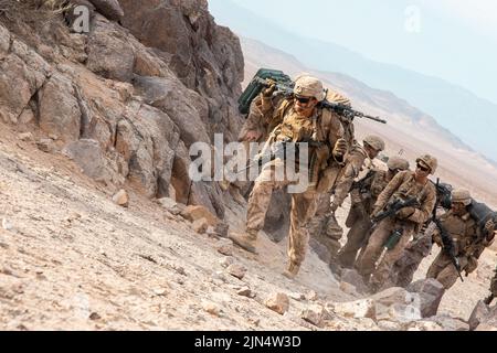 Twentynine Palms, Kalifornien, USA. 23.. Juli 2022. US-Marineinfanteristen mit 3. Bataillons, 23. Marine Regiment, 4. Marine Division, Marine Forces Reserve, rücken während der Integrated Training Exercise (ITX) 4-22 im Marine Corps Air-Ground Combat Center, Twentynine Palms, Kalifornien, am 23. Juli 2022 zu ihrer Unterstützung durch Feuerposition bei Range 400 vor. Range 400 wird verwendet, um Live-Fire-Schulungen auf Unternehmensebene bei einem absichtlichen Angriff auf vorbereitete Verteidigungspositionen durchzuführen. ITX wurde entwickelt, um großen Streitkräften die Möglichkeit zu bieten, ihre Marine durch ein Live-Fire-Programm zu befehligen und zu kontrollieren Stockfoto