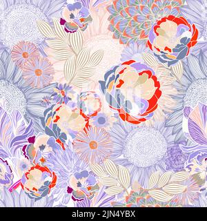 Nahtloser Blumenhintergrund. Vektorgrafik. Moderner floraler Hintergrund. Modischer Folk-Style. Stock Vektor