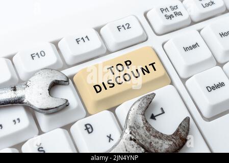 Schreiben mit Text Top Discount. Business Concept Bestpreisgarantie Hot Items Crazy Sale Promotions -48766 Stockfoto