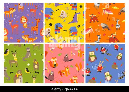 Musterdesign Set mit niedlichen Cartoon-Tieren Stock Vektor