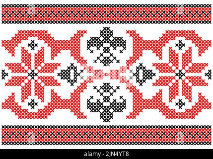 Ukrainisch, Volkskunst Vektor nahtlose Muster, Retro monochrom lange Kreuzstich Ornament inpired von Volkskunst - Vyschywanka. Slawisches traditionelles Schwarz Stock Vektor