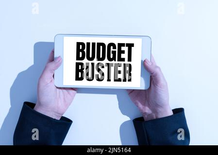 Textunterschrift mit Darstellung von Budget Buster. Überblick über das Unternehmen sorgenfreie Ausgaben Schnäppchen unnötige Einkäufe überflüssige Geschäftsfrau mit Tablet auf Stockfoto