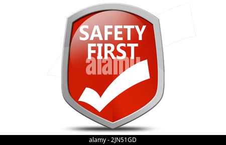 Schutzschild Safety First isoliert, 3D Rendering Stockfoto
