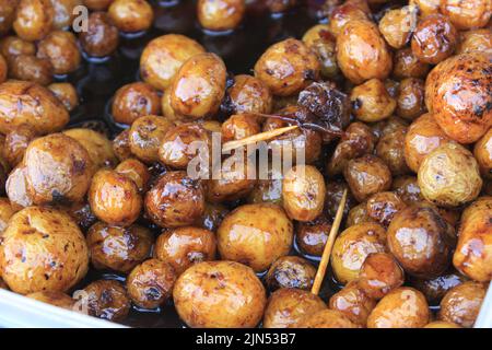 Frische Bio-Kartoffeln stehen unter vielen großen Hintergrund Kartoffeln auf dem Feld. Haufen Kartoffelwurzel. Nahaufnahme der Kartoffelstruktur. Stockfoto