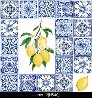 Aquarell von Hand gezeichnetes nahtloses Muster mit Zitrusfrüchten blauen portugiesischen Azulejo-Fliesen. Sommer hell Bio süß lecker Lebensmittel botanischen Druck. Ernte Baum Ornament Textil Stockfoto