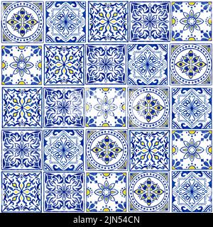 Handgezeichnetes, nahtloses Aquarell-Muster mit blauen weißen Azulejo-portugiesischen Keramikfliesen. Ethnische portugal geomentric Indigo wiederholte Wand Boden Ornament. Arabischer ornamentaler Hintergrund Stockfoto