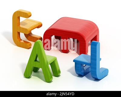 Letter geformte bunte Küchenmöbel für Kinder isoliert auf weißem Hintergrund. 3D Abbildung. Stockfoto