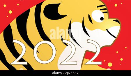 Niedliche Vektor-Karte Illustration für das Jahr des Tigers 2022. Feier des chinesischen Neujahrs oder des Mondneujahres. Lächelndes Profil eines Tierkreistigers. Stock Vektor