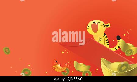 Banner oder Grußkarte für chinesisches Neujahr, Mondneujahr und Jahr des Tigers 2022. Niedlicher Tierkreistiger auf einem roten Umschlag mit goldenen Sycees. Stock Vektor