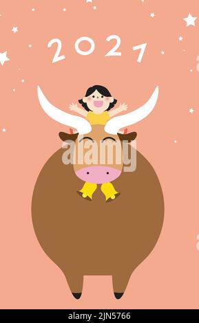 Chinesische Neujahrskarte 2021, Jahr der Ochsenkarte, Mädchen auf einem Ochsenrücken Stock Vektor