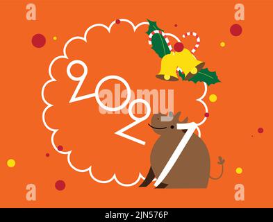 2021 chinesisches Jahr der Ochsenkarte, niedliche Ochsenkarte auf rotem Hintergrund Stock Vektor