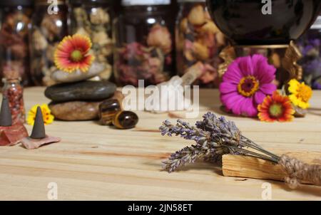 Gelbe Blume mit Pyritfelsen und Kristallen flacher Freiheitsgrad Stockfoto