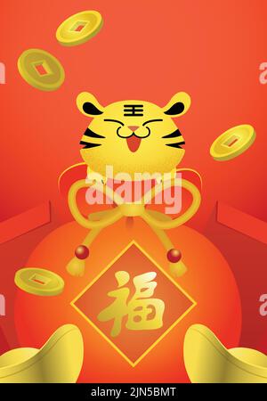 Wir wünschen ein glückliches chinesisches neues Jahr 2022 oder ein Mondneujahr, Jahr der Tiger-Vektorkarte. Niedlicher Tierkreis-Tiger in einem Glücksgeldbeutel voller Glücksmünzen. Stock Vektor