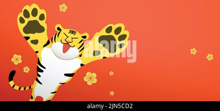 Wir wünschen ein glückliches chinesisches Neujahrsvektor-Banner, ein Mondneujahr oder ein Jahr des Tigers 2022. Niedlicher Tierkreistiger mit offenem Mund auf rotem Hintergrund. Stock Vektor