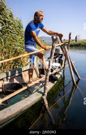 Roland Setka jagte am 22. Juli 2022 im Tal des Flusses Neretva in Momici im Kreis Dubrovnik-Neretva in Kroatien auf Aale. Der 57-jährige Roland Setka ist einer der wenigen, die noch immer Aale im Neretva-Flusstal jagen und sagt, dass Aale aufgrund von Erdbeben, niedrigeren Wasserständen aufgrund von geschlossenen Staudämmen im benachbarten Bosnien und Herzegowina und dem Graben neuer Kanäle, die Wasser in andere Kanäle umgeleitet haben, zurückgehen. Foto: Milan Sabic/PIXSELL Stockfoto