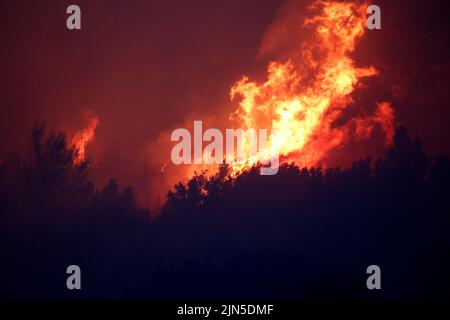 Kroatische Feuerwehrkräfte kontrollieren das Feuer während des Waldbrands auf der Halbinsel Peljesec im südlichen Teil Kroatiens. Stockfoto