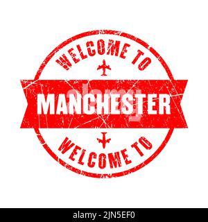 Willkommen in Manchester. Roter Stempel isoliert Hintergrund Stock Vektor