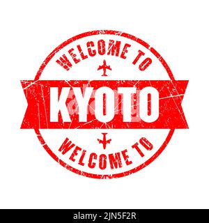 Willkommen bei Kyoto Japan Qualität Original Stempel Design Vektor Kunst Tourismus Souvenir Runde. Stock Vektor