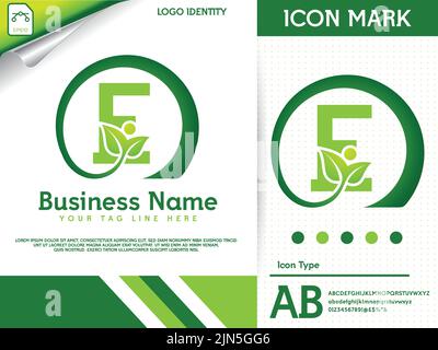 Natürlicher Buchstabe e mit blattfarbener Logovorlage Stock Vektor