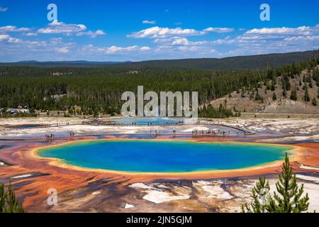 Dies ist ein Blick auf die Grand Prismatic Spring im Midway Geyser Basin des Yellowstone National Park, Teton County, Wyoming, USA. Stockfoto