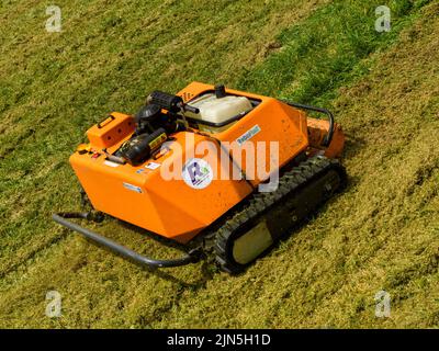 KommTek RoboFlail Bodenpflegegeräte in Nahaufnahme (Hang & Bank mit ferngesteuertem orangefarbenem Mähroboter gemäht) - York City Wall, Yorkshire England UK. Stockfoto