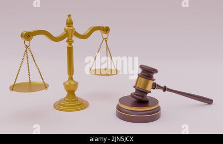 Eine 3D Wiedergabe von goldenen Schuppen und dem Gavel des Richters auf weißem Hintergrund - Justizkonzept Stockfoto