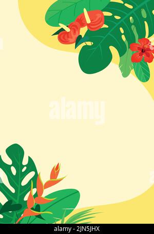 Tropische Pflanzen und Blumen Hintergrund Vektor Poster Vorlage. Sommerurlaub von Sommerverkauf Hintergrund mit Kopieplatz. Hintergrund mit Monstera. Stock Vektor