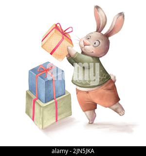 Niedliche Illustration. Hacke mit Geschenkschachteln. Vorbereitung auf den Urlaub. Stockfoto