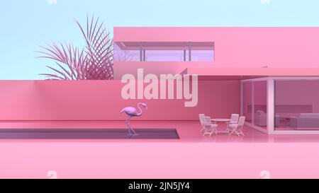 Minimalistisches, modernes Privathaus in Pink mit Flamingos. 3D Rendern Stockfoto