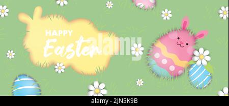 Ostern Tag flach Lay Vektor-Illustration für Banner oder Hintergrund. Ostereier liegen im Gras mit Blumen. Stock Vektor