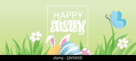 Frohe Ostern Tag Grüße Hintergrund Vektor Illustration Banner. Bunte Schokoladeneier mit weißen Hasenohren auf Grasboden mit Blumen. Stock Vektor