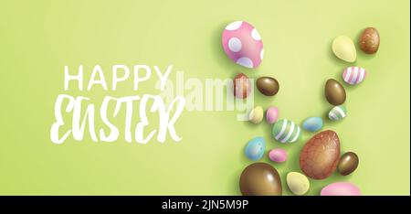 Frohe Ostern Tag Grüße Hintergrund Illustration. Bunte Schokoladeneier bilden eine Hasenkopfform auf einem flachen, hellen Hintergrund. Osterverkäufe. Stock Vektor