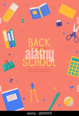 Zurück zur Schulkarte mit bunten Schulmaterialien. Farbenfrohe Vorlagen für Einladungen, Poster, Banner, Promotion, Verkauf. Schulbedarf Stock Vektor