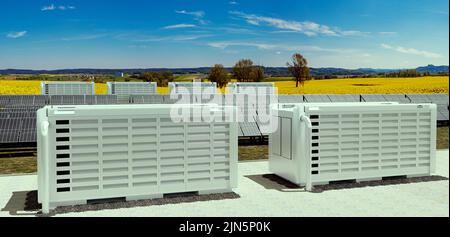 Ein modernes Solarfeld mit Batteriespeicher in der wilden Natur, Abbildung 3D Stockfoto