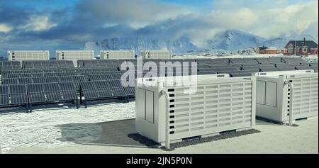 Ein modernes Solarfeld mit Batteriespeicher in der wilden Natur, Abbildung 3D Stockfoto
