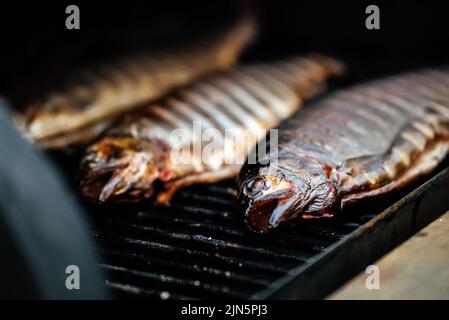 Regenbogenforelle auf Grill bbq geräuchert. Stockfoto