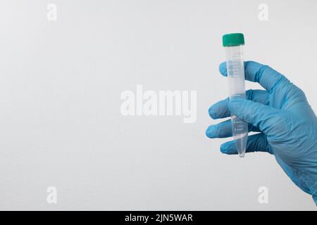 Vakuumröhrchen für die Entnahme und Blutproben in blauen Handschuhen für das Labor. Auf weißem Hintergrund Stockfoto