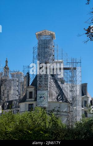 Restaurierungsarbeiten am Dach des Château de Chambord im Loire-Tal, Frankreich Stockfoto