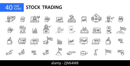 Symbole für Aktienhandel und Investitionen. Broker-App-Schnittstelle, Finanzberater, IPO- und Candlestick-Charts. Pixel-perfekte, bearbeitbare Strichsymbole Stock Vektor